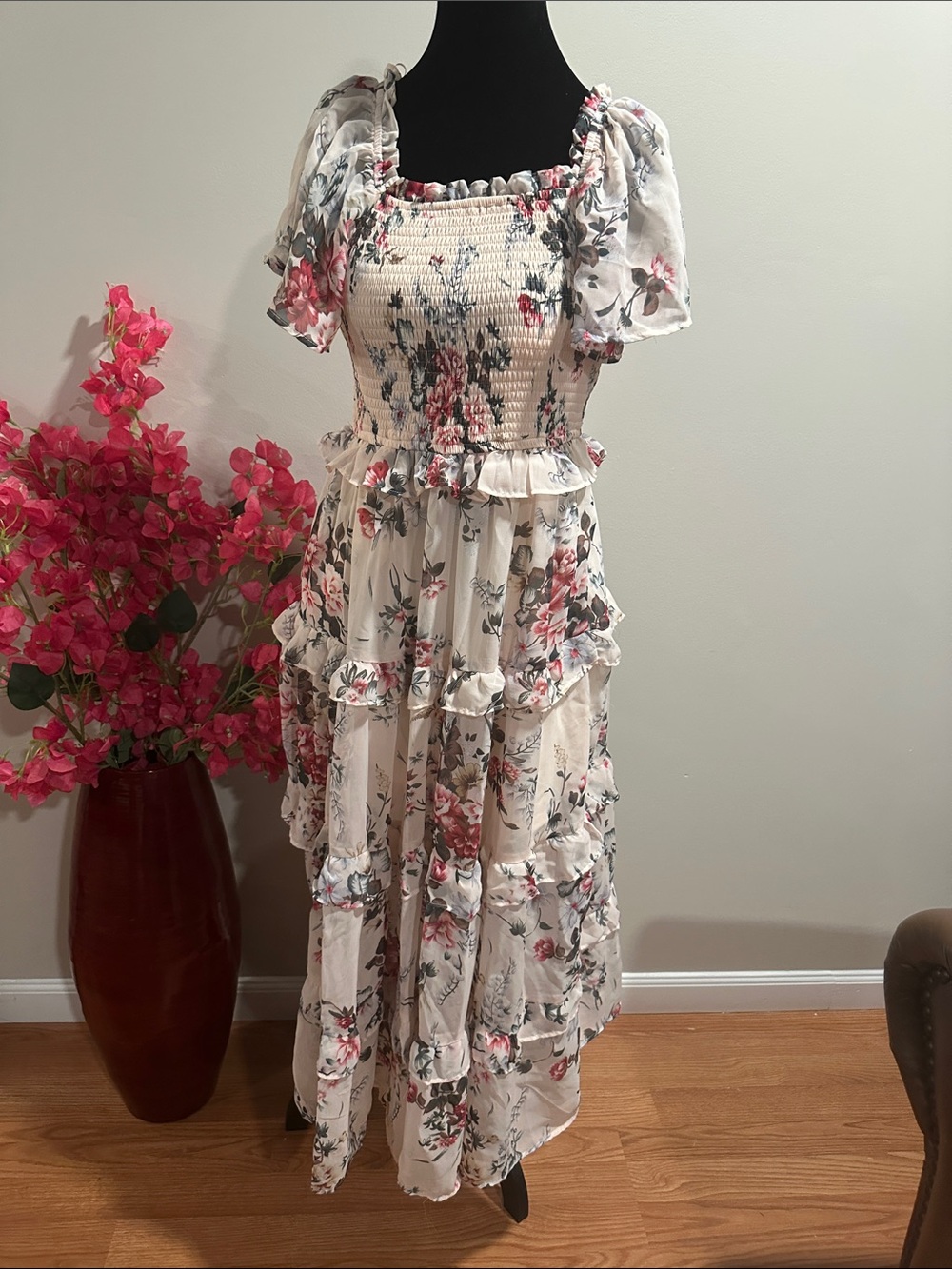 Floral Smocked Ivory Maxi Dress with Pink Rose Print